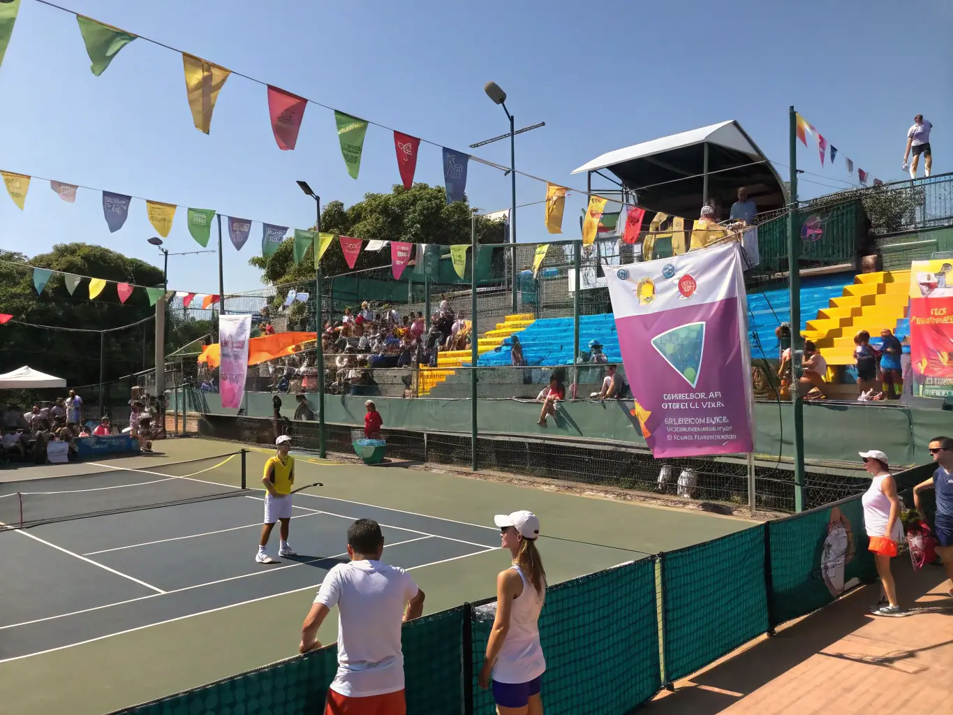 A photograph capturing a community tennis event, featuring diverse participants of all ages and backgrounds enjoying tennis-related activities, games, and socializing. The atmosphere should be lively and inclusive.
