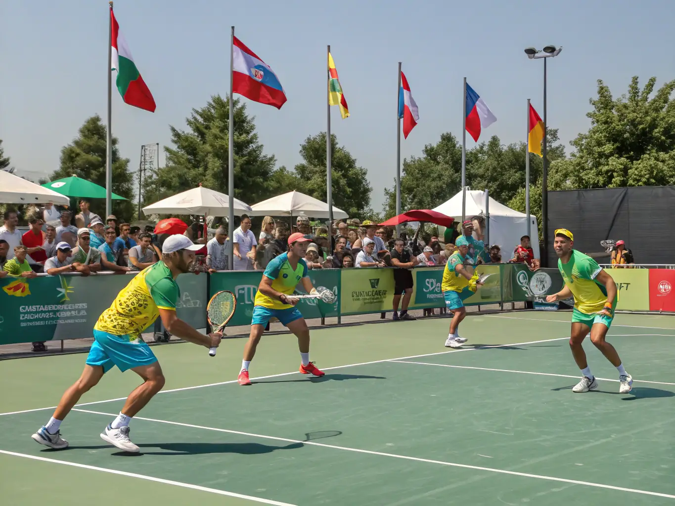 A dynamic shot of adult players engaged in a competitive tennis match, highlighting the intensity and camaraderie of K&A Tennis Club's adult leagues.