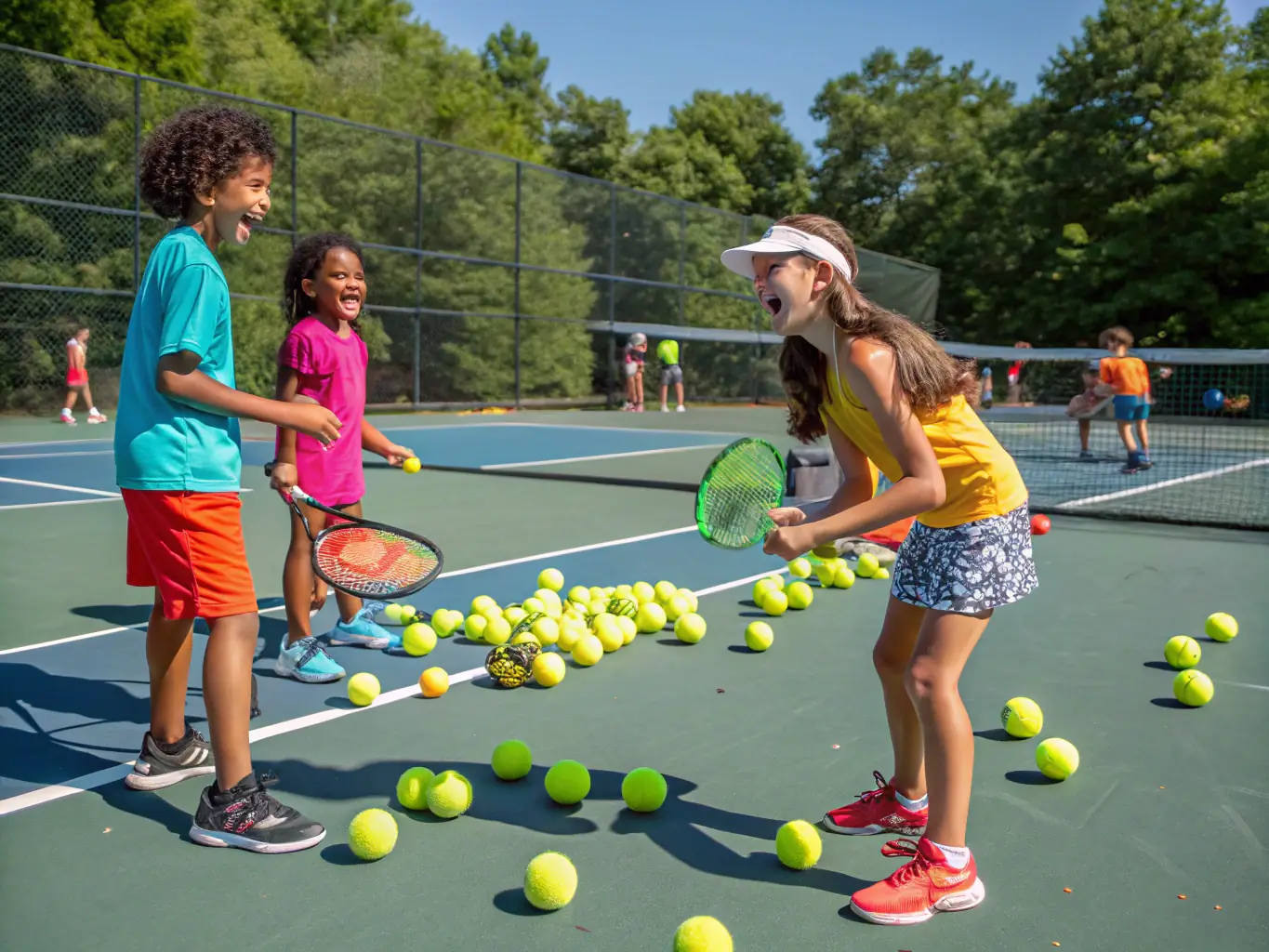 A vibrant image of children participating in a beginner's tennis clinic, showcasing the fun and engaging atmosphere of K&A Tennis Club's youth programs.