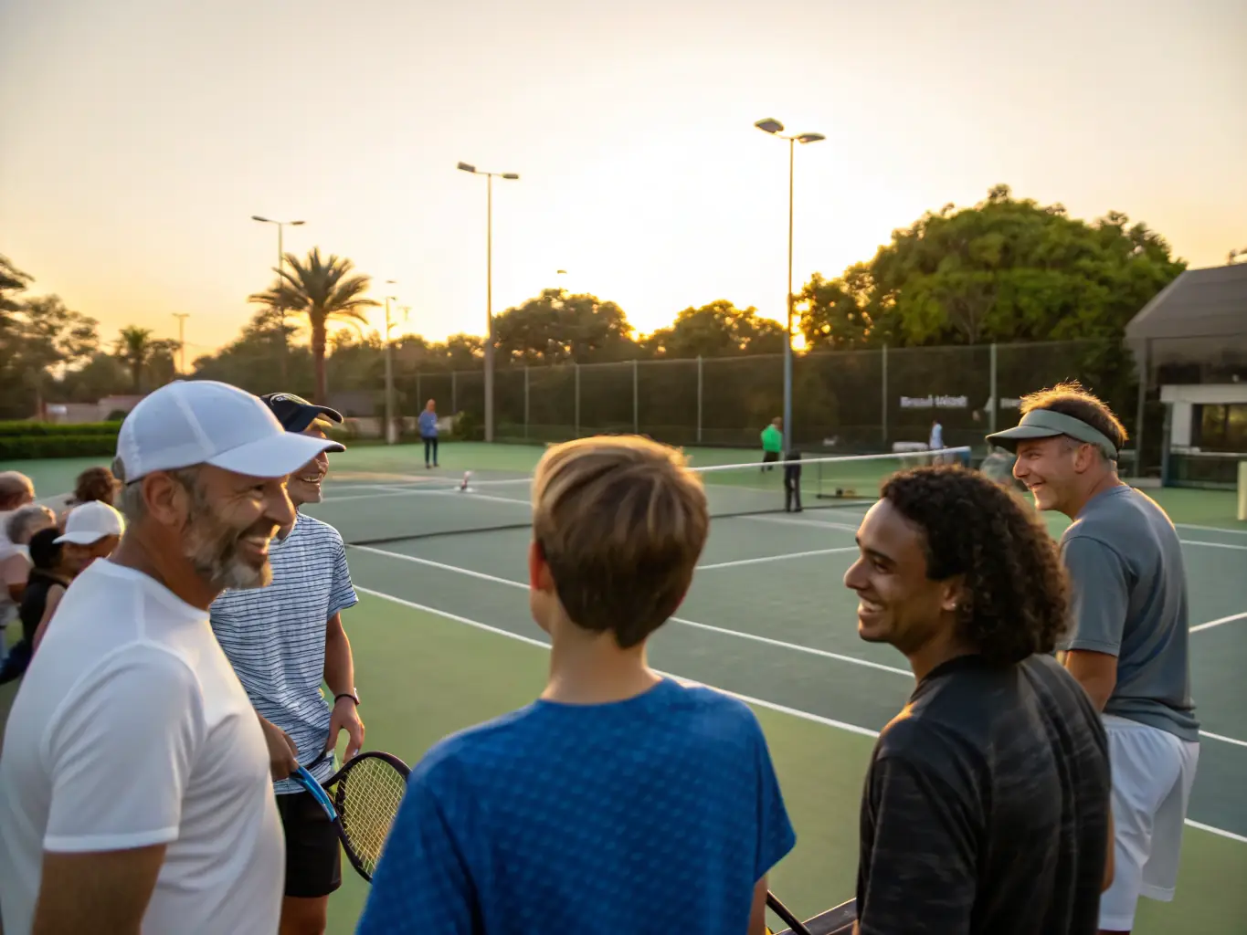 An image of adults engaged in a friendly doubles match on a well-maintained tennis court, showcasing the social and recreational aspects of the sport. The players should appear diverse and enthusiastic.